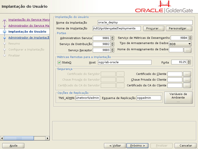 OGGCA - implantação do usuário e portas do deployment