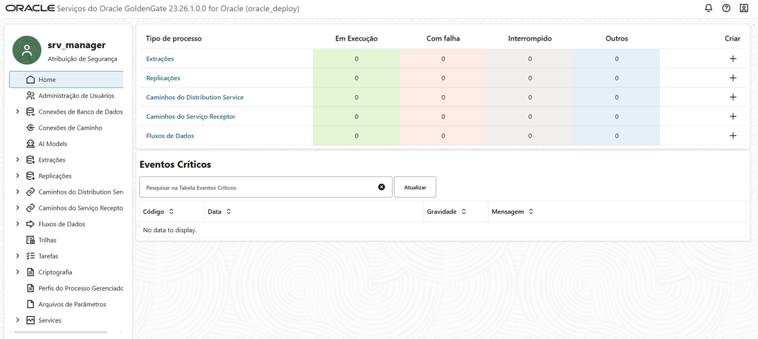 Dashboard inicial do Administration Service