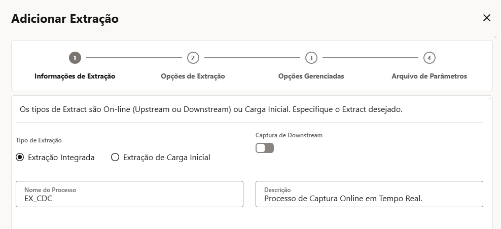 Tela real - Adicionar Extração (tipo Integrada) para o processo EX_CDC