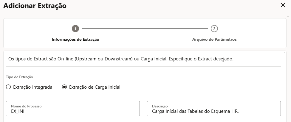Tela real - Adicionar Extração (Carga Inicial) para o processo EX_INI