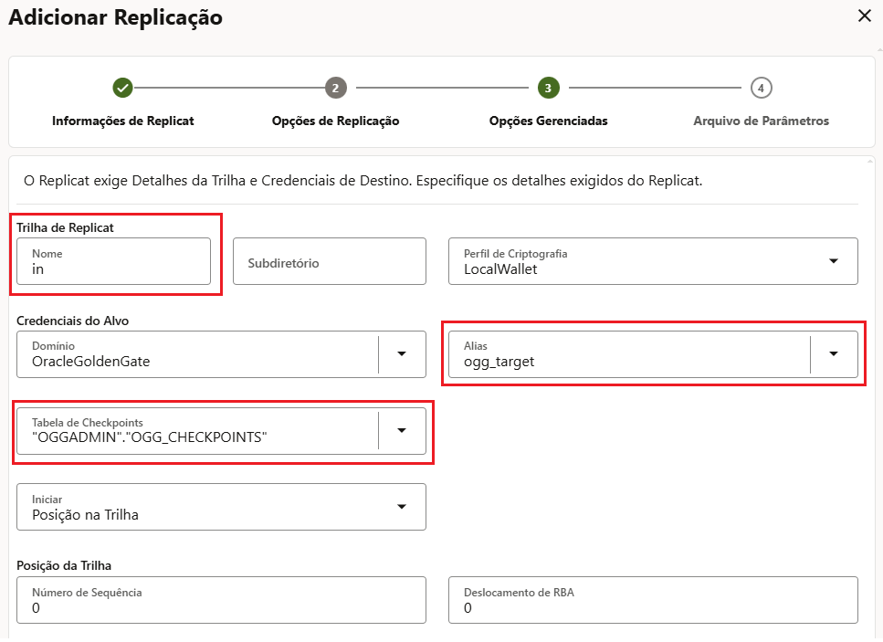 Tela real - trilha e credenciais do Replicat de carga inicial