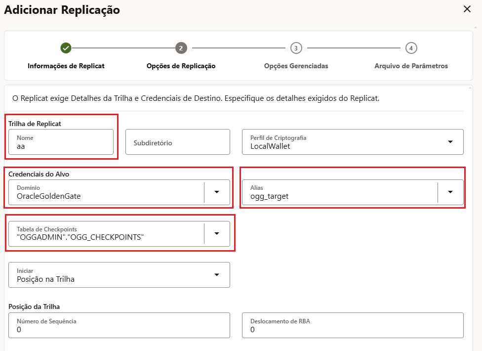Tela real - trilha e credenciais do Replicat online R_CDC