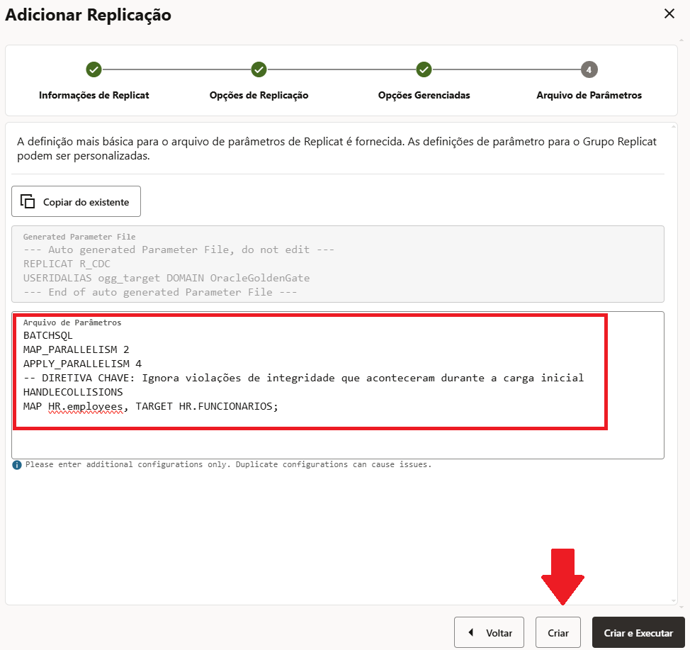 Tela real - parâmetros do Replicat online R_CDC com HANDLECOLLISIONS