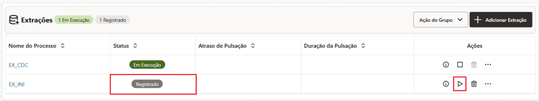 Tela real - lista final de Extracts após a orquestração da carga inicial
