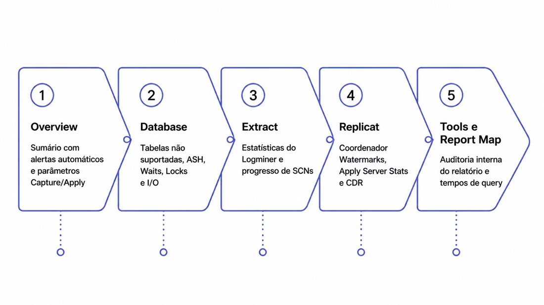 Diagrama das 5 macro-seções do relatório OGG Healthcheck: Overview, Database, Extract, Replicat, Tools e Report Map